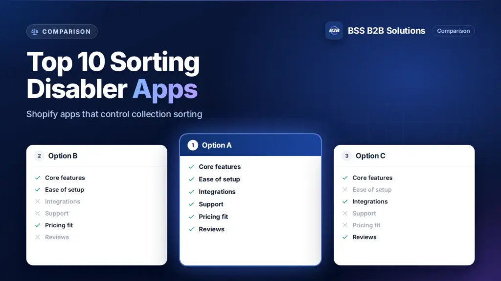 Three option cards with feature checklists. Cover for: Top 10 Shopify Sorting Disabler Apps for Your Store