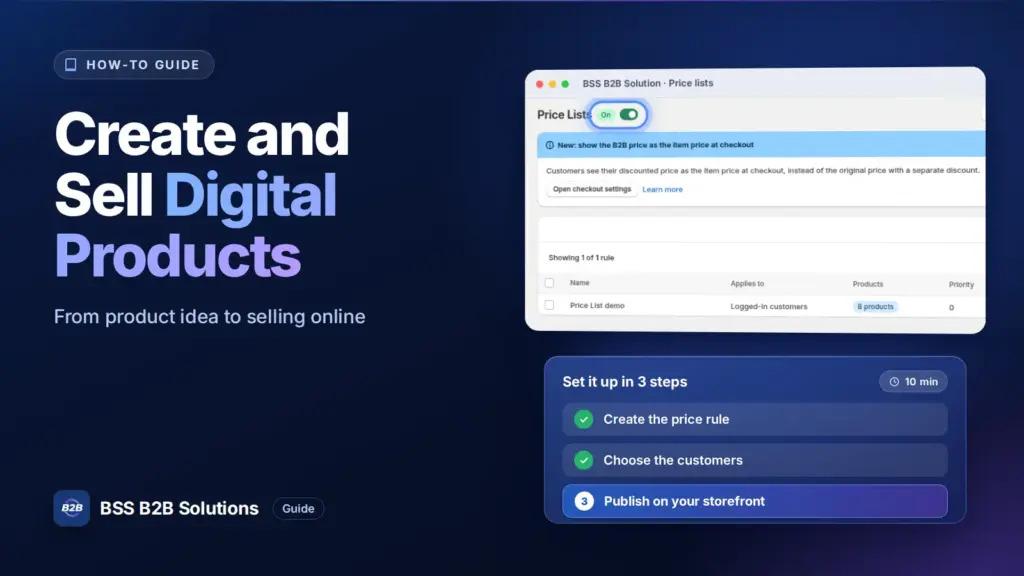 BSS B2B Solution admin price list screen with a three step checklist. Cover for: How to Create Digital Products and Sell Online