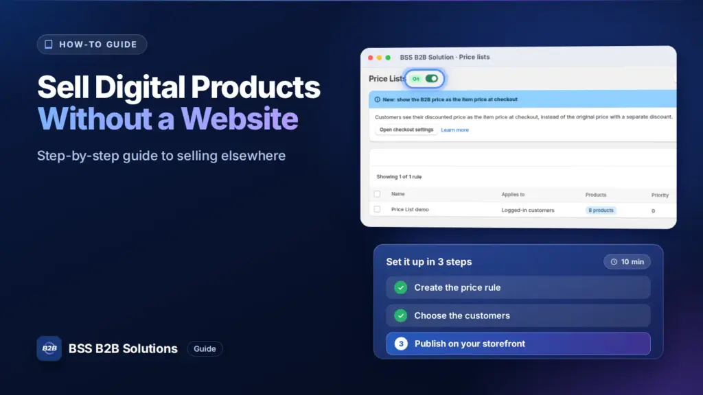 BSS B2B Solution admin price list screen with a three step checklist. Cover for: How to Sell Digital Products Without a Website: A Step-by-step Guide