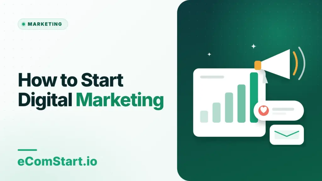 How to Start Digital Marketing. Cover image showing a megaphone and a growing bar chart.