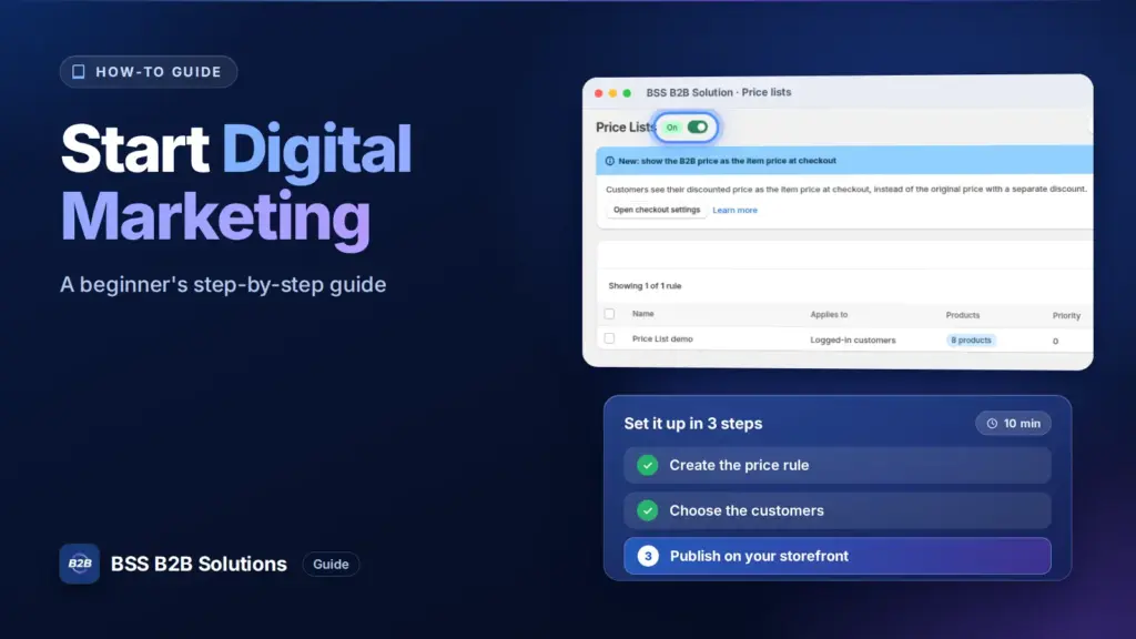 BSS B2B Solution admin price list screen with a three step checklist. Cover for: How to Start Digital Marketing: A Beginner’s Step-by-Step Guide