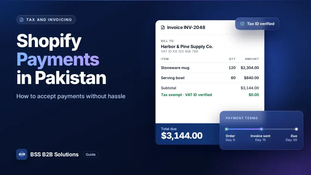 Invoice with a verified tax ID and a Net 30 payment timeline. Cover for: Shopify Payments in Pakistan: How to Accept Payments Without Hassle