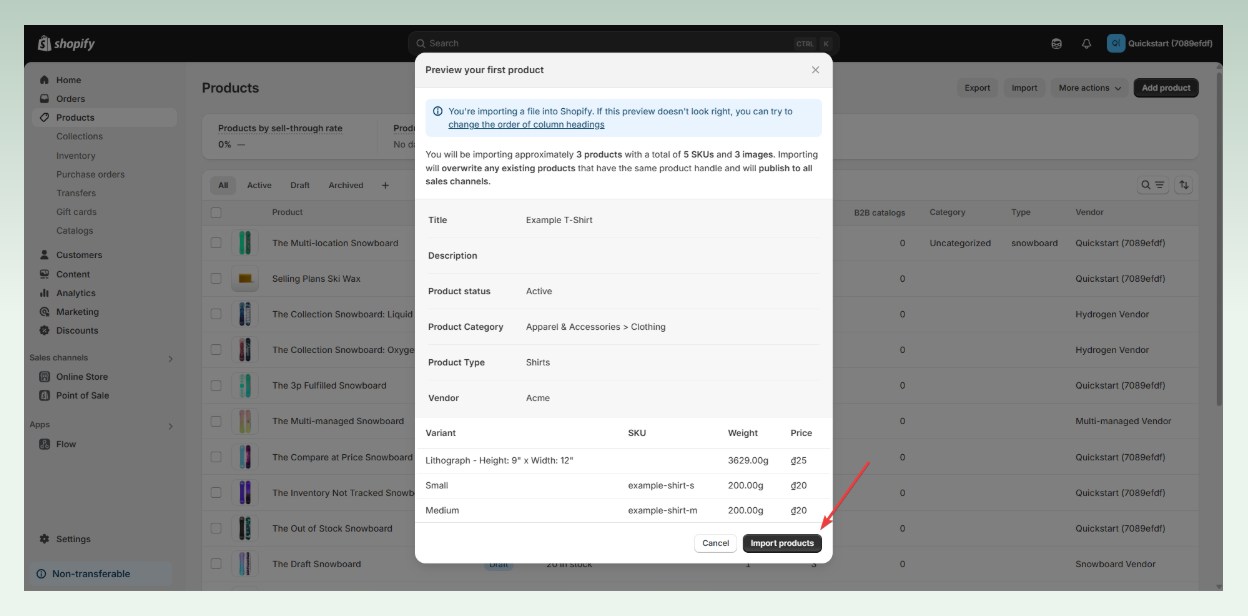 How to add products to Shopify manually method 2 step 5 - Import products