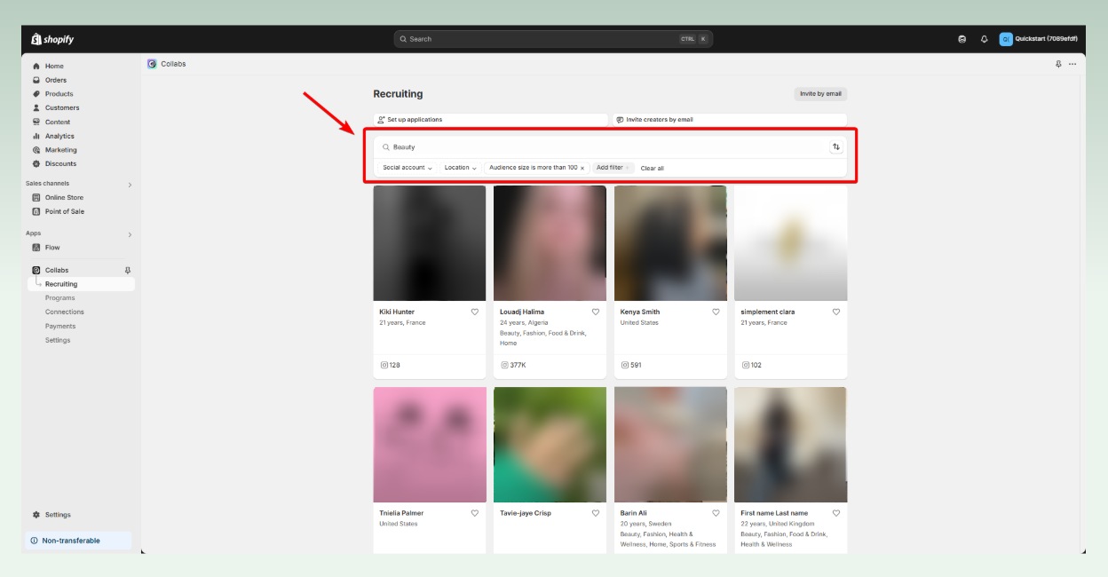 Search creators on Shopify collabs step 1