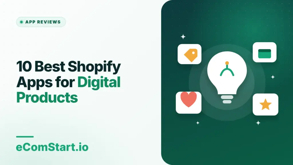 10 Best Shopify Apps for Digital Products. Cover image showing a light bulb surrounded by idea cards.