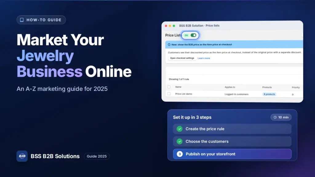 BSS B2B Solution admin price list screen with a three step checklist. Cover for: A-Z Guide on How to Market Your Jewelry Business Online in 2025