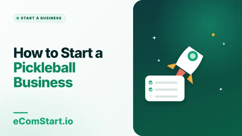 How to Start a Pickleball Business. Cover image showing a rocket launching above a checklist.