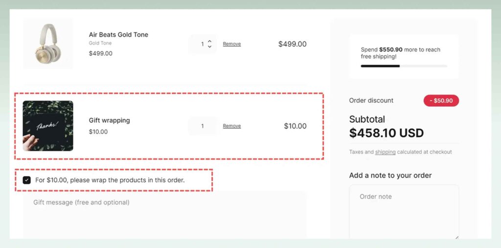 Gift-wrapping-option-shopify-upsell-at-checkout