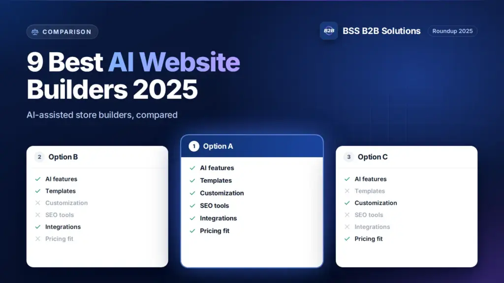 Three option cards with feature checklists. Cover for: Top 9 Best Shopify AI Website Builder For Conversions (2025)