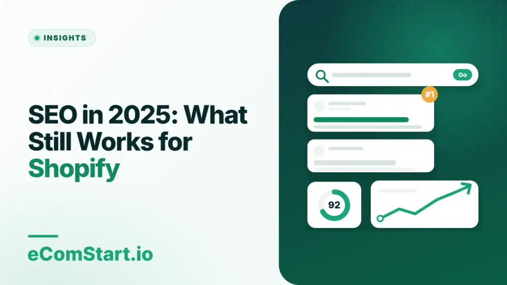 SEO in 2025: What Still Works for Shopify. Cover image showing a search results page with a rising traffic chart.