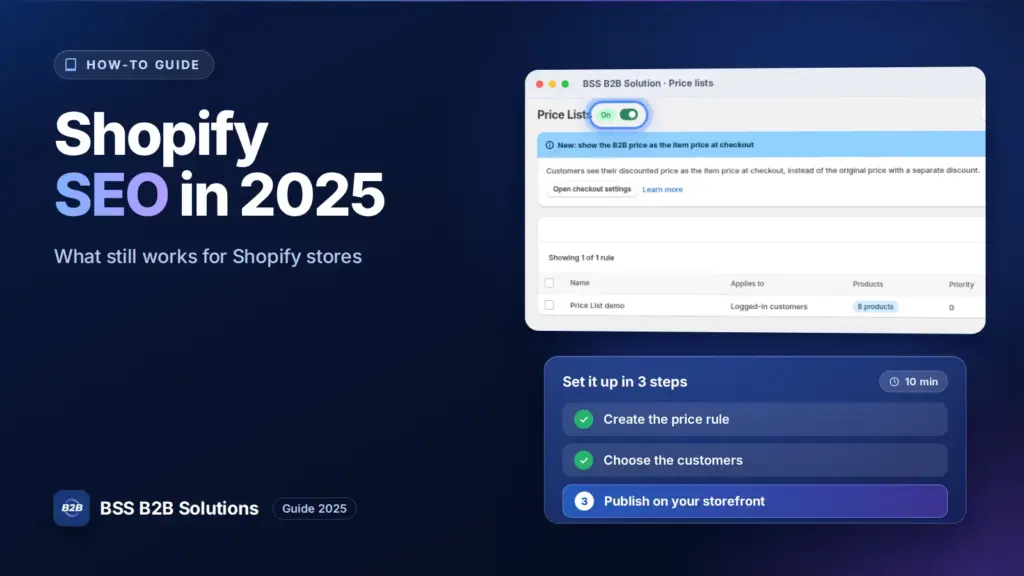 BSS B2B Solution admin price list screen with a three step checklist. Cover for: SEO in 2025: What Still Works for Shopify