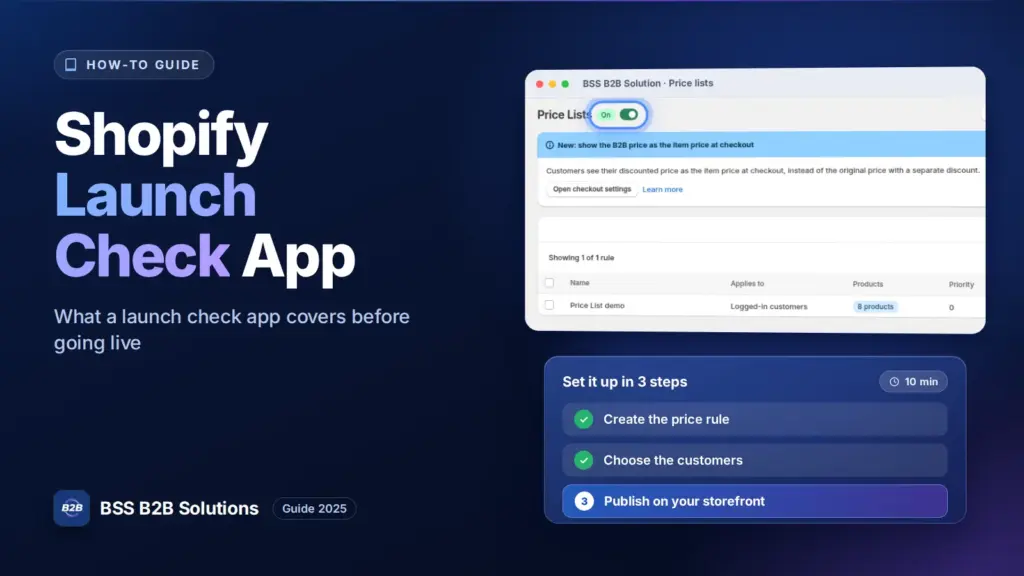 BSS B2B Solution admin price list screen with a three step checklist. Cover for: Shopify Launch Check App: Ultimate Guide 2025