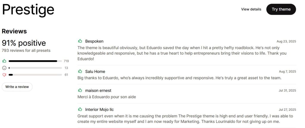 Customer review of Prestige Shopify Theme