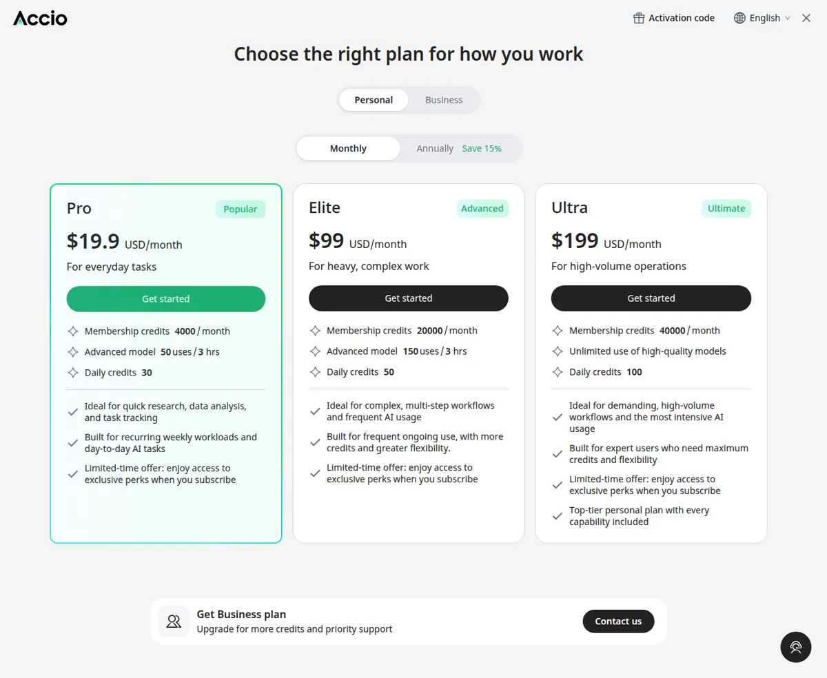 Accio pricing page showing Pro, Elite and Ultra personal plans in USD per month