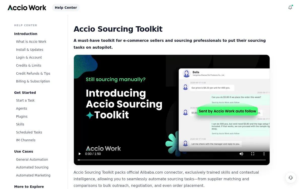 Accio Sourcing Toolkit help center page with a demo of automated supplier negotiation
