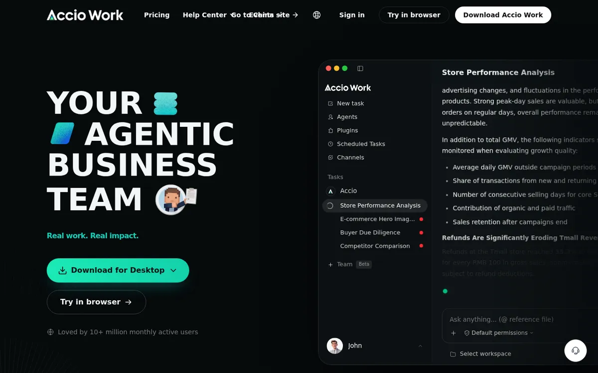 Accio Work homepage showing the agentic business team tagline and desktop app interface