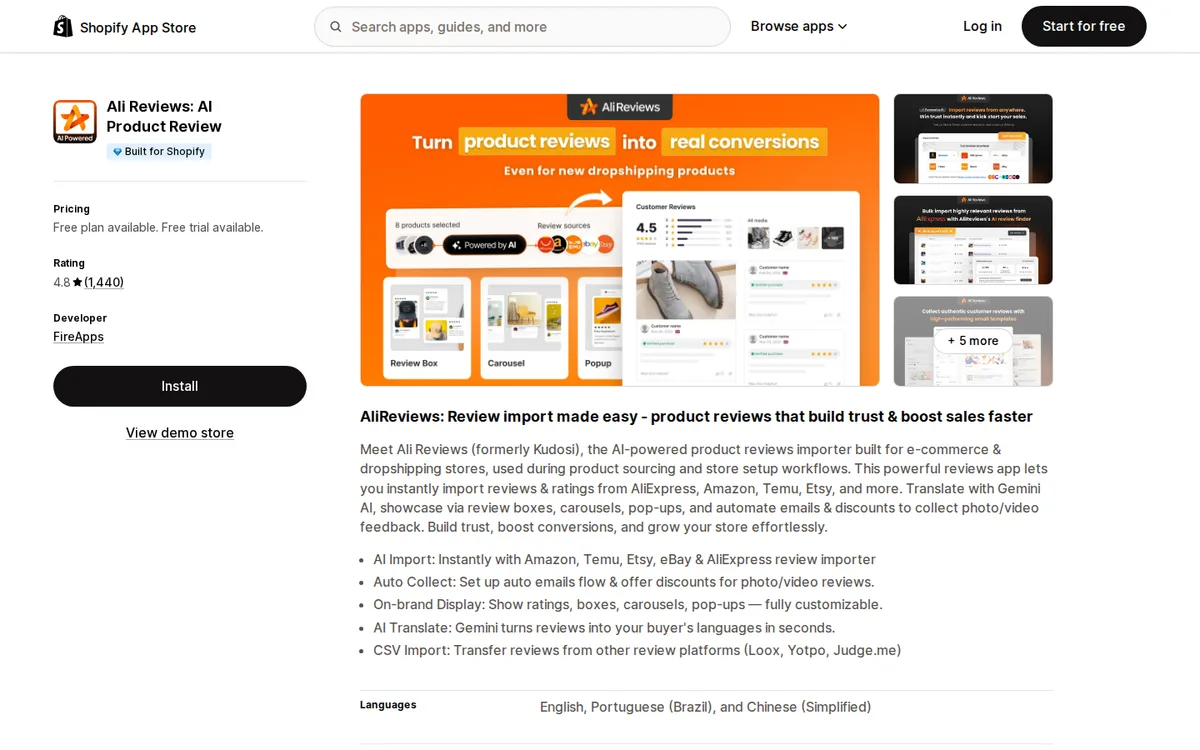 Ali Reviews listing on the Shopify App Store with rating