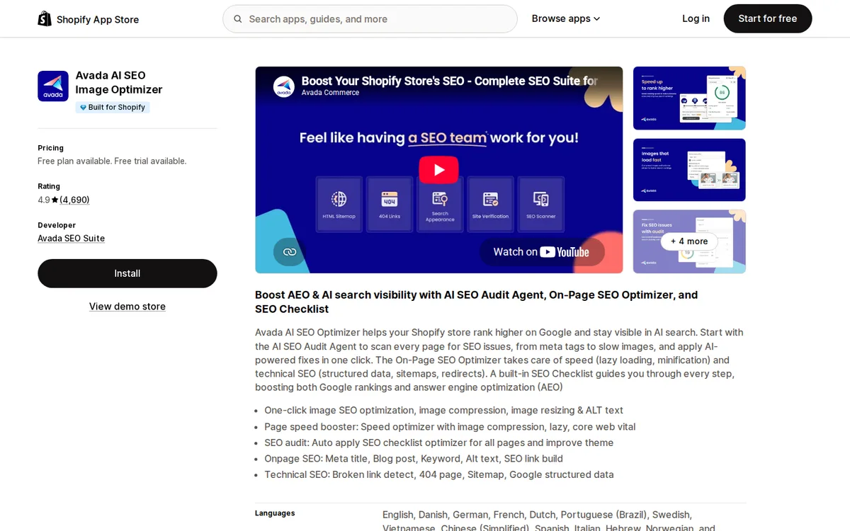 Avada listing on the Shopify App Store with rating