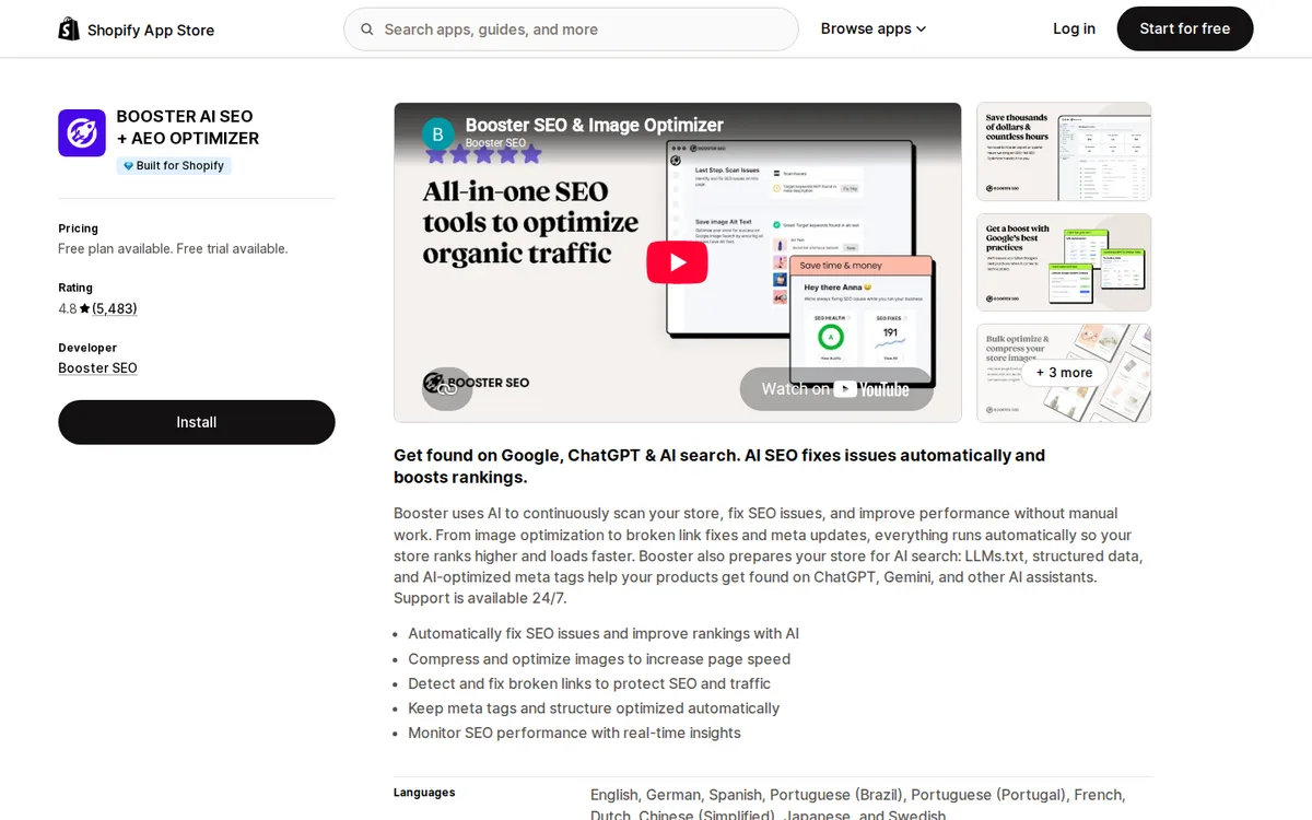BOOSTER listing on the Shopify App Store with rating