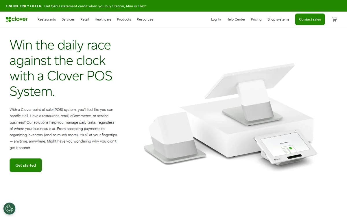 Clover POS systems page showing countertop and handheld devices