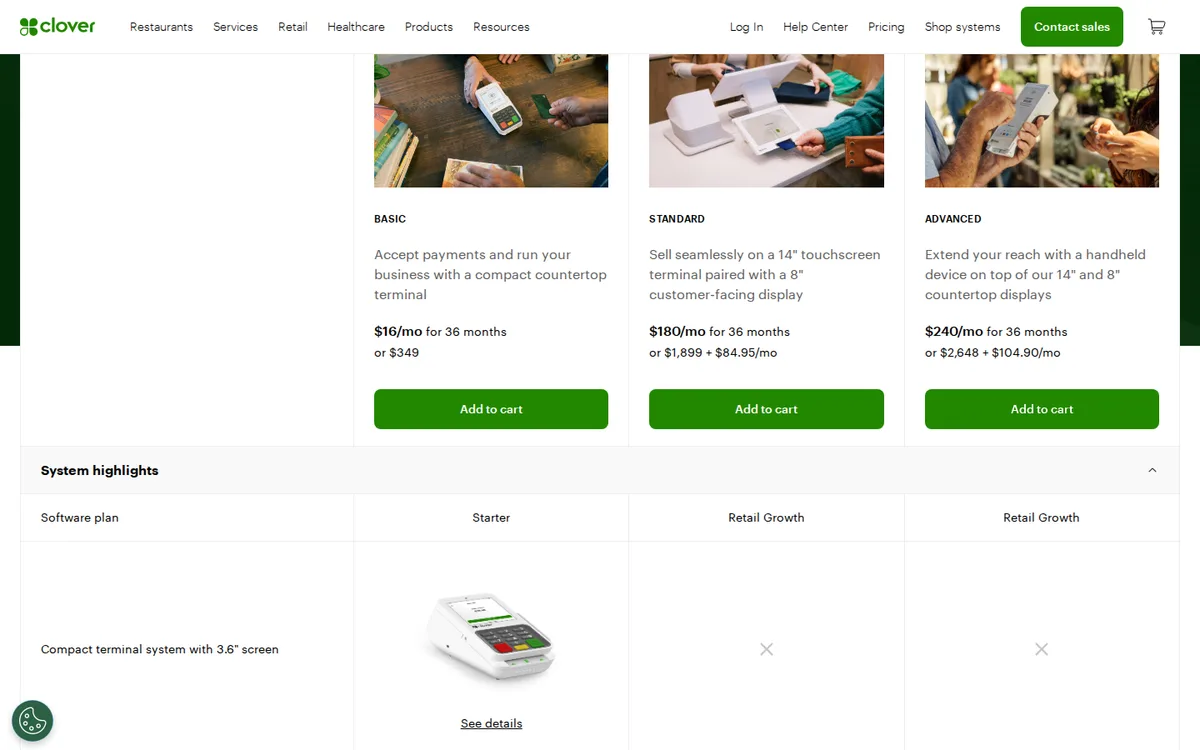 Clover retail pricing page with POS systems and monthly prices