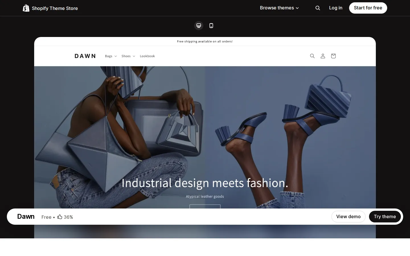 Shopify Theme Store listing for the Dawn theme