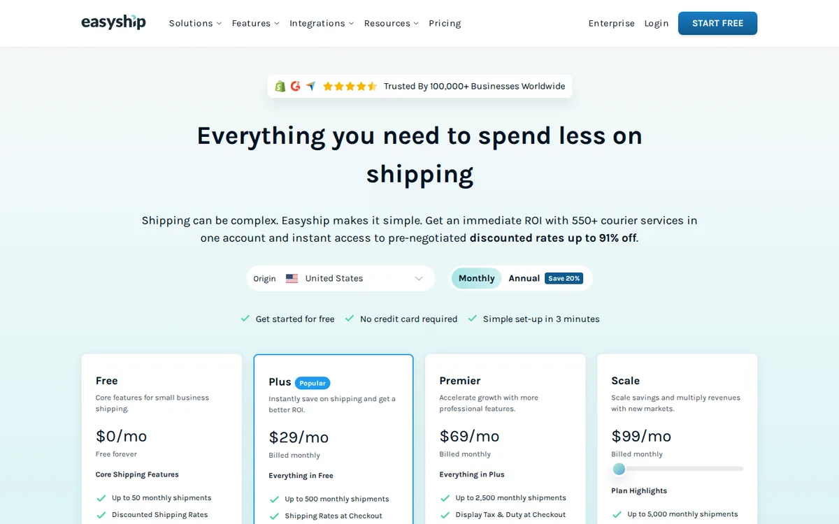 Easyship plans page: Free, Plus, Premier, Scale monthly prices