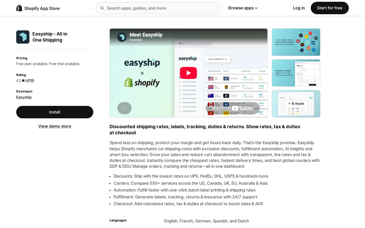 Easyship listing on the Shopify App Store with rating