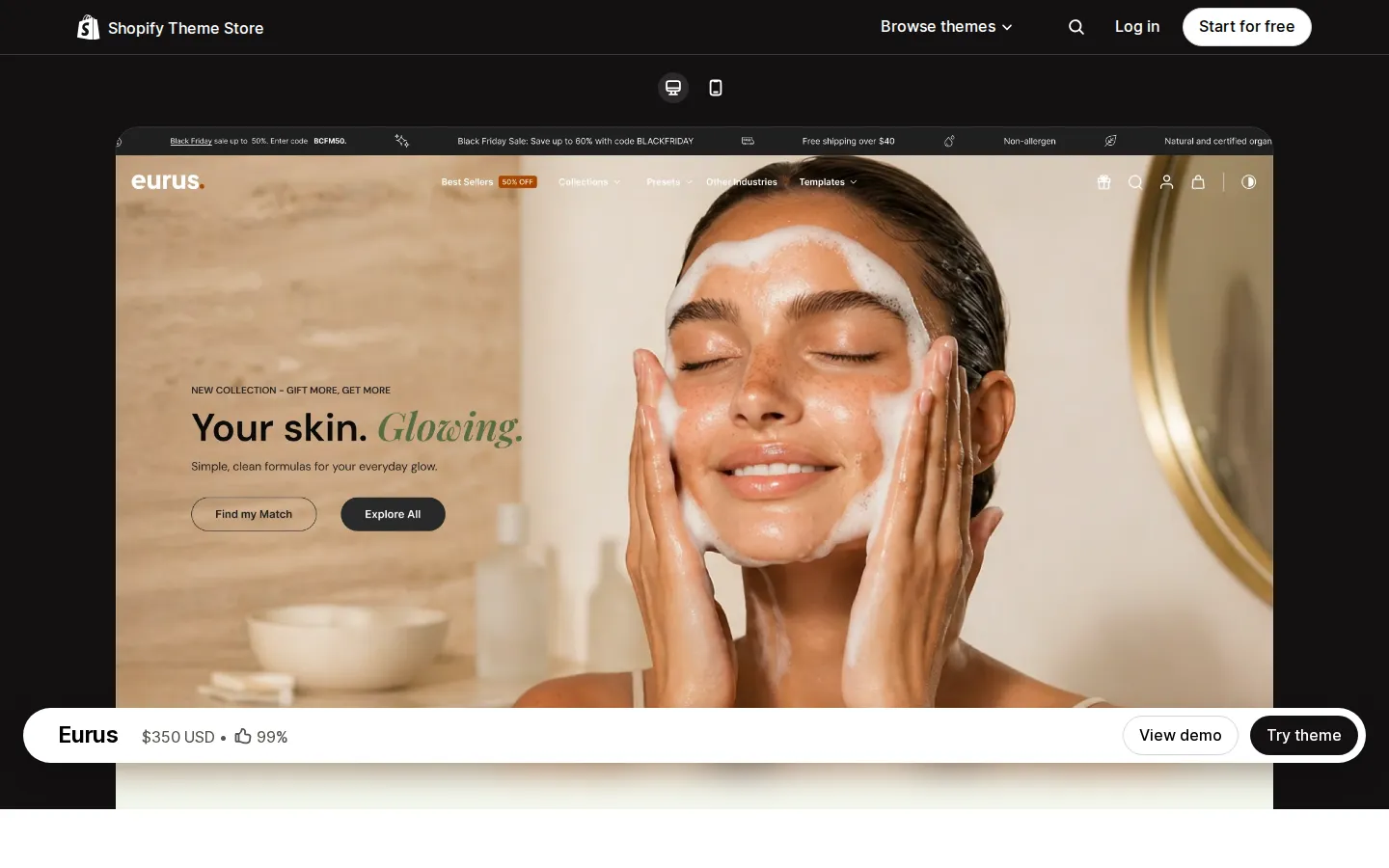 Shopify Theme Store listing for the Eurus theme