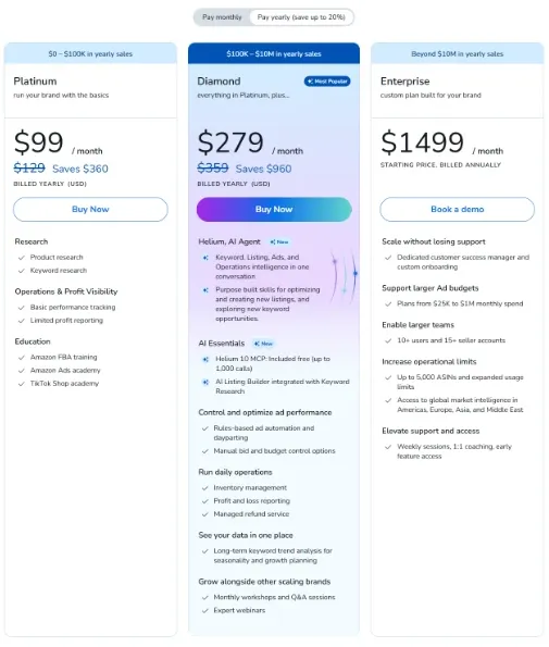 Helium 10 pricing page showing Platinum at $99 per month, Diamond at $279 per month and Enterprise at $1499 per month with yearly billing