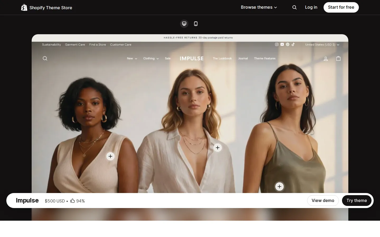 Shopify Theme Store listing for the Impulse theme