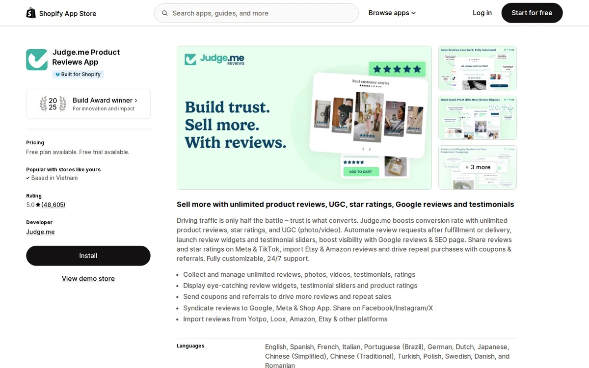 Judge.me listing on the Shopify App Store with rating