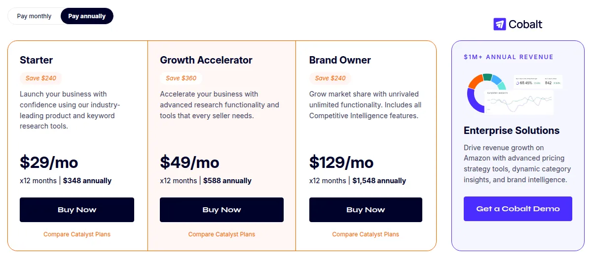 Screenshot of the Jungle Scout Catalyst pricing page showing Starter at $29 per month, Growth Accelerator at $49 and Brand Owner at $129 on annual billing