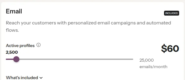 Klaviyo pricing page Email plan with the active profiles slider set to 2,500 showing $60 a month and 25,000 emails a month