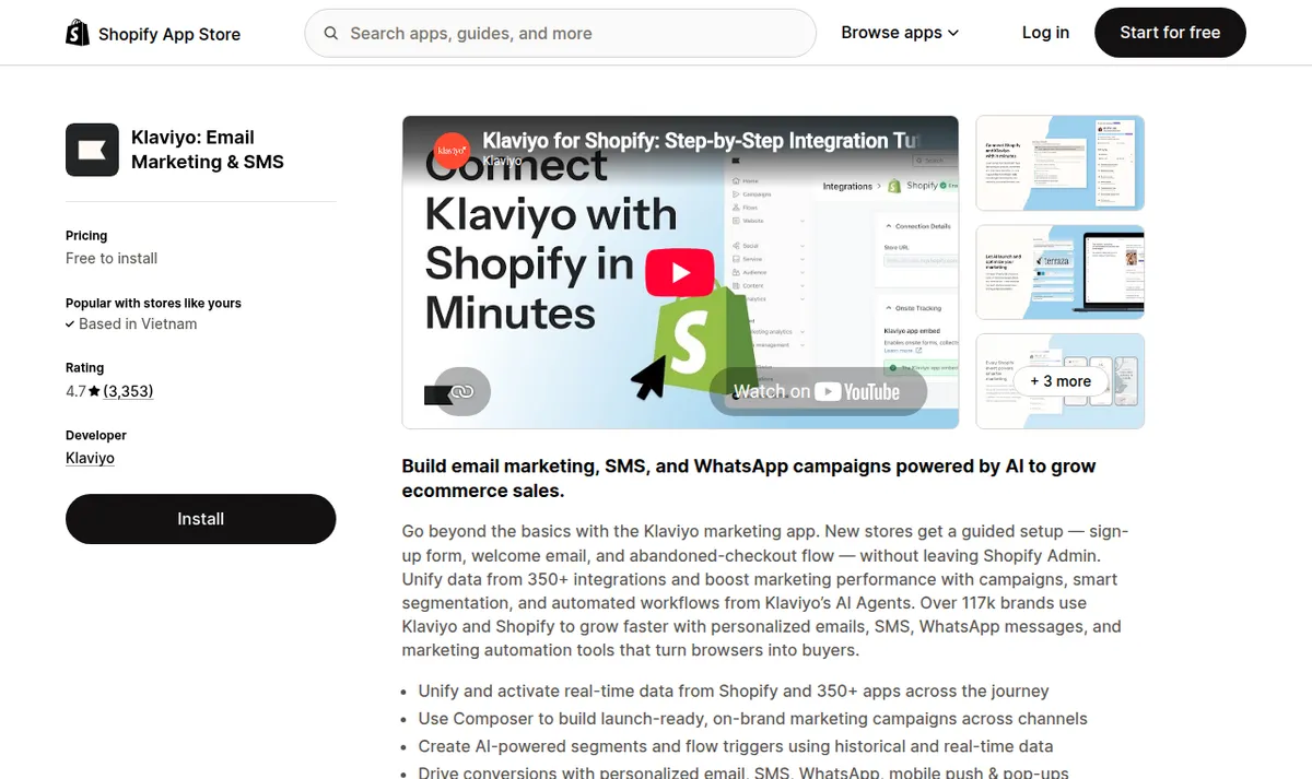 Klaviyo Email Marketing and SMS listing on the Shopify App Store showing a 4.7 rating from 3,353 reviews