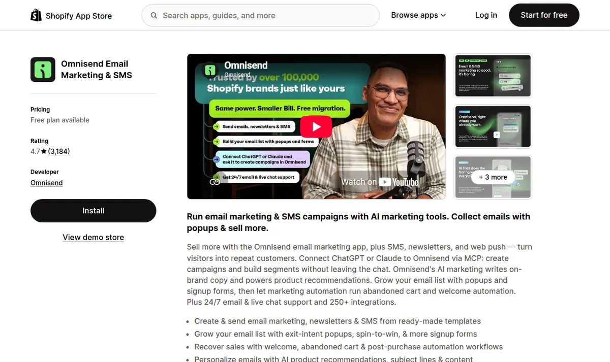 Omnisend Email Marketing and SMS listing on the Shopify App Store showing a 4.7 rating from 3,184 reviews