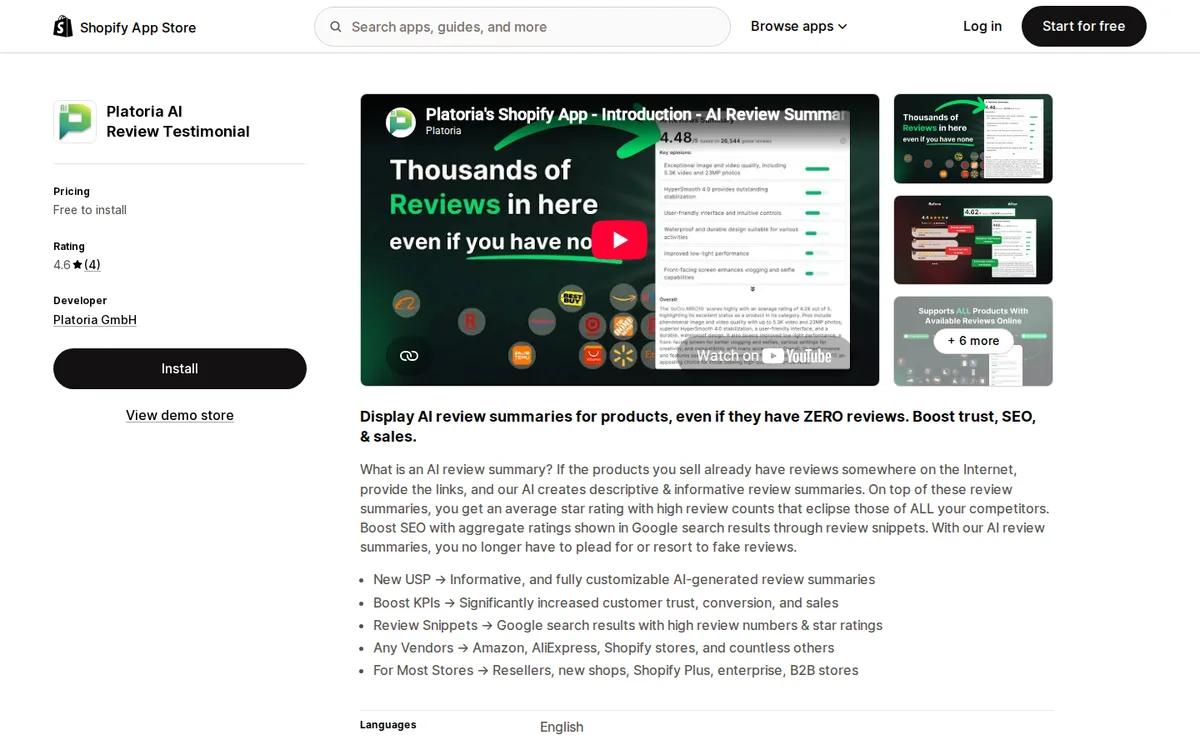 Platoria listing on the Shopify App Store with rating