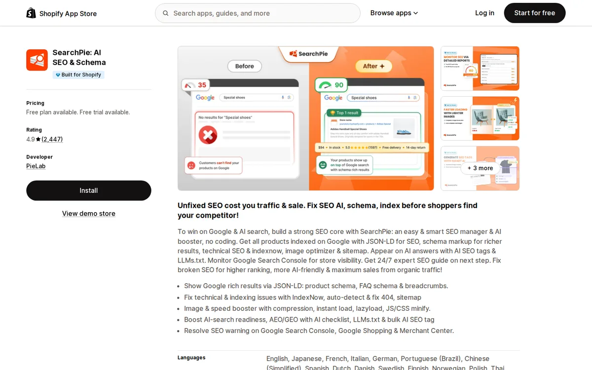 SearchPie listing on the Shopify App Store with rating