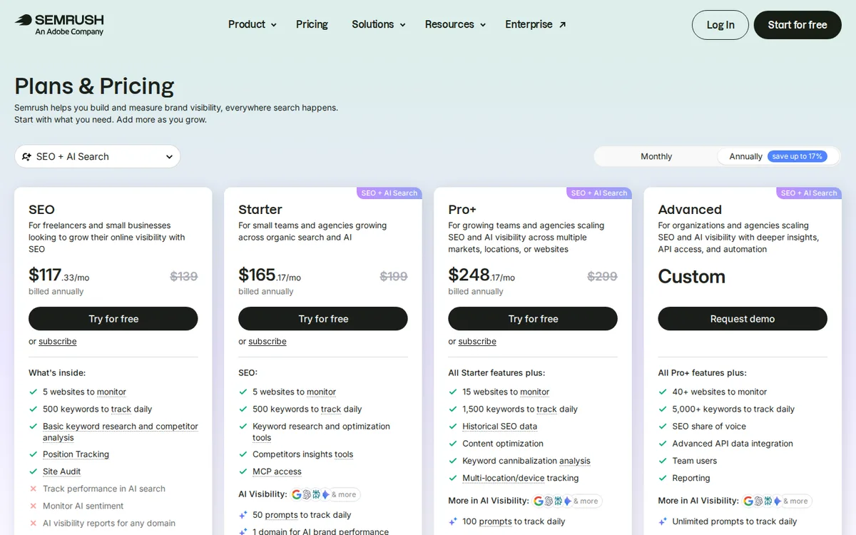 Semrush pricing page showing the SEO plan and Free plan