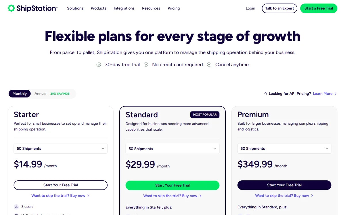 ShipStation pricing page listing plans and monthly prices