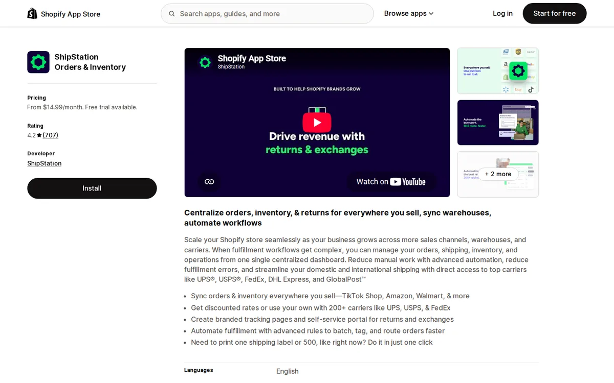 ShipStation listing on the Shopify App Store with rating