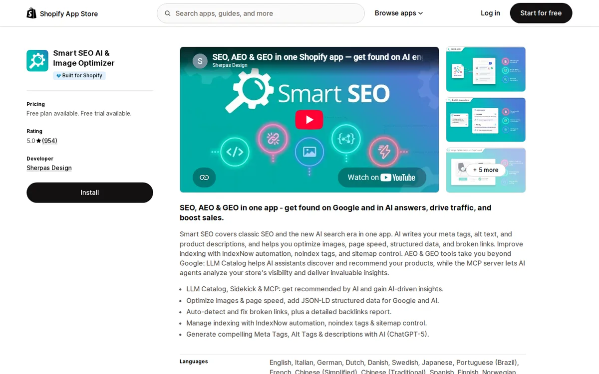 Smart SEO listing on the Shopify App Store with rating