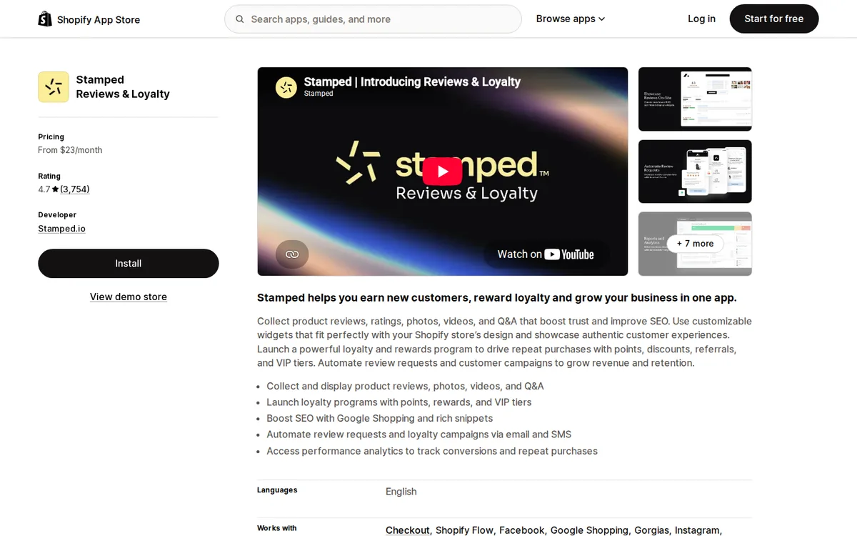 Stamped listing on the Shopify App Store with rating
