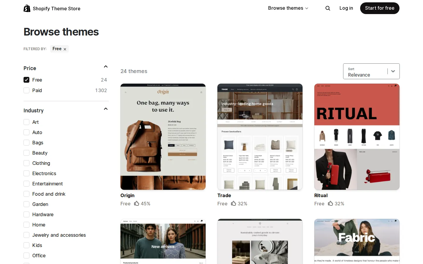 Shopify Theme Store list filtered to free themes