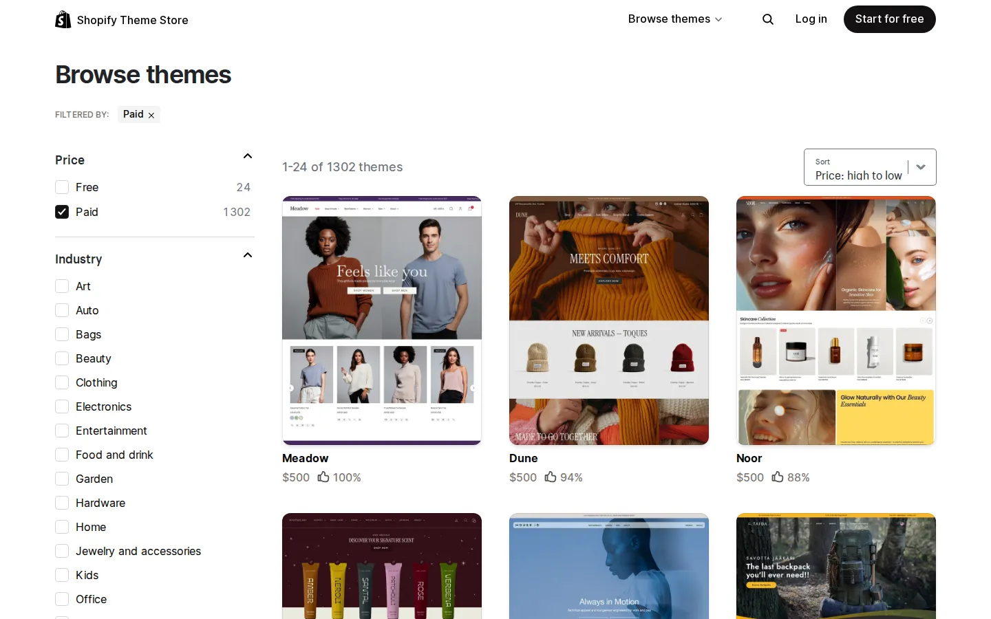 Theme Store paid themes sorted by price, high to low