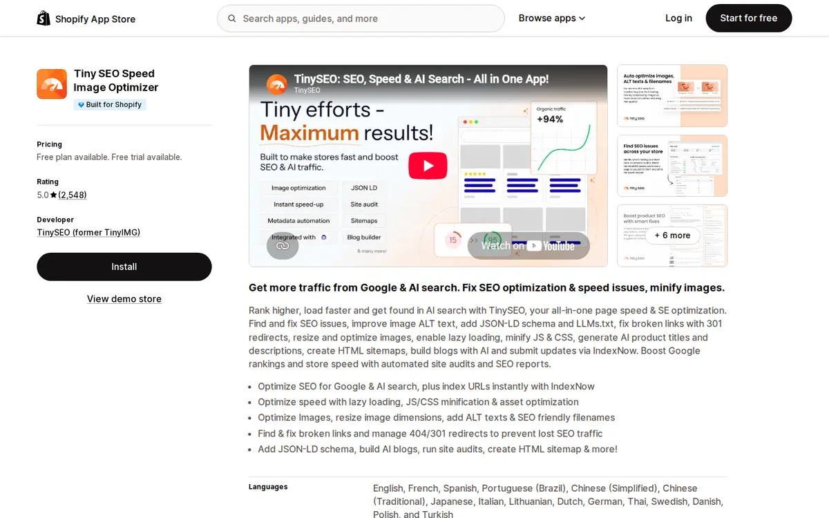 TinySEO listing on the Shopify App Store with rating