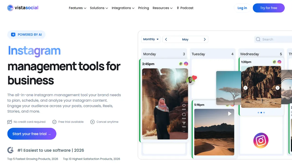 Screenshot of the Vista Social Instagram management tools page showing a monthly content calendar with scheduled Instagram posts