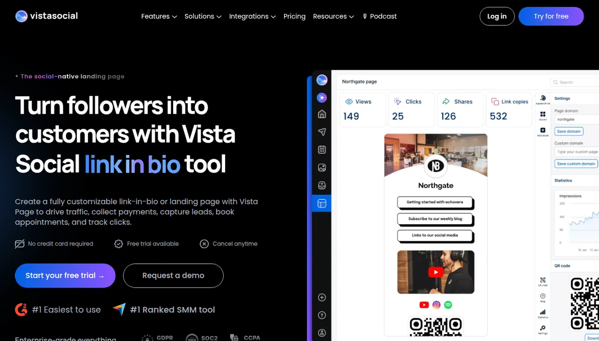 Screenshot of the Vista Social Vista Page link in bio tool landing page with a sample page editor and analytics panel