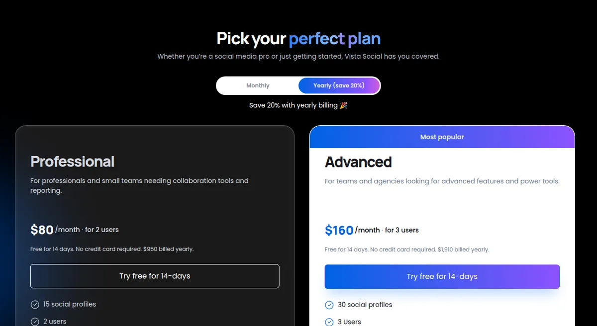 Screenshot of the Vista Social pricing page showing the Professional plan at about $80 per month billed yearly and the Advanced plan at about $160 per month