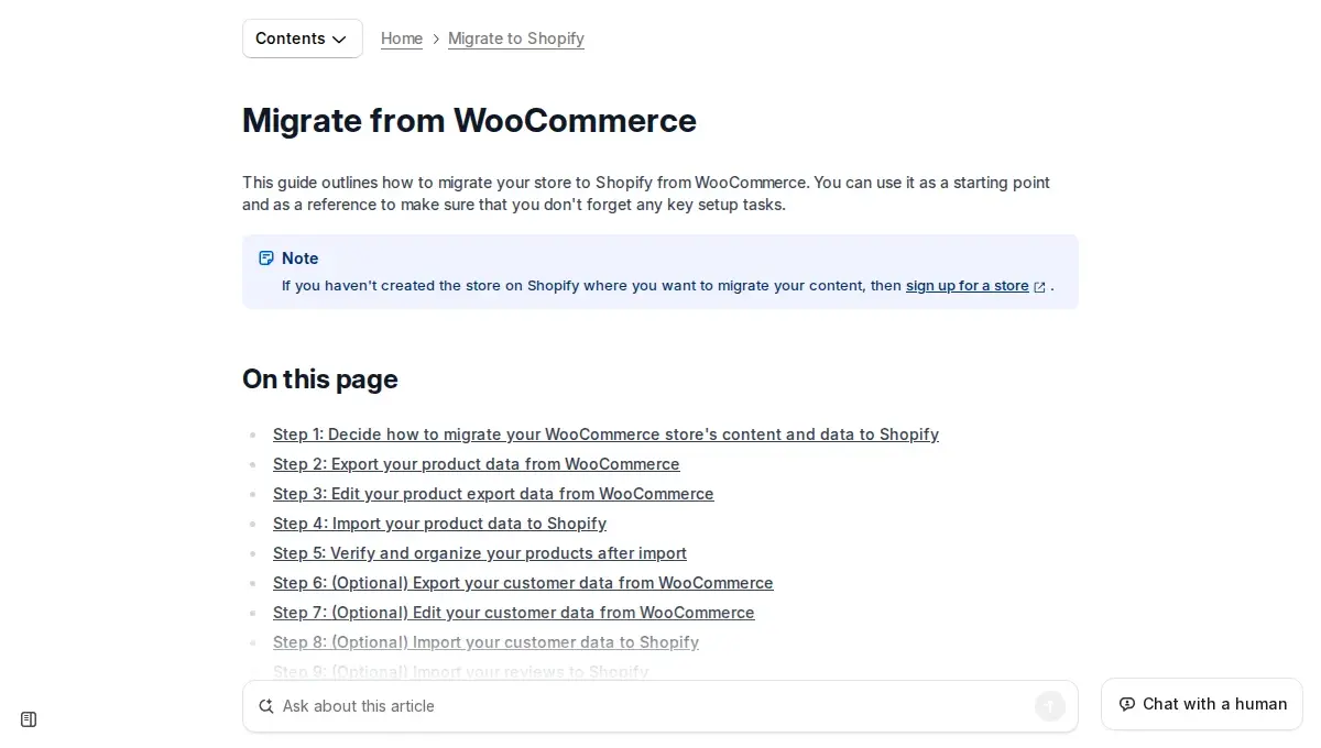 Shopify Help Center page Migrate from WooCommerce, Oct 2026